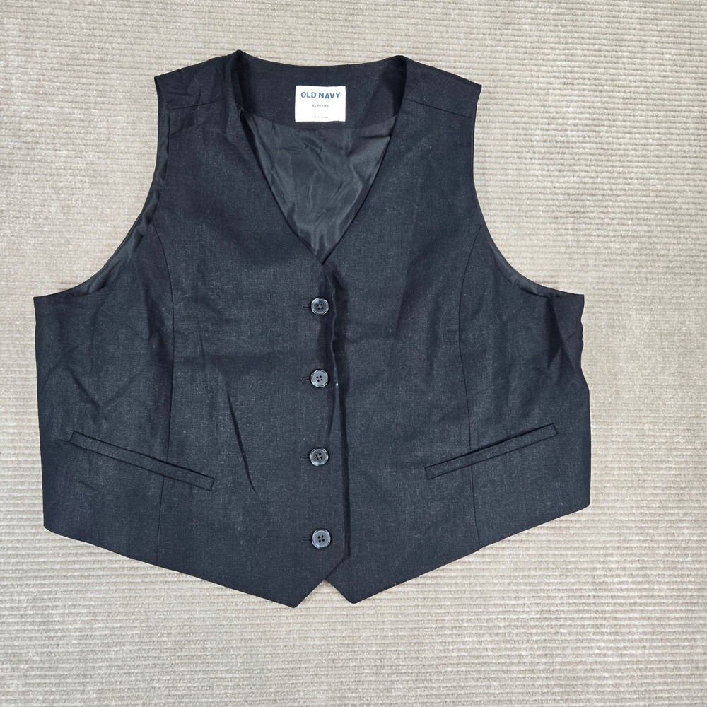 Old Navy Womens XL Petite Black Linen Blend Button Front Tailored Suit Vest